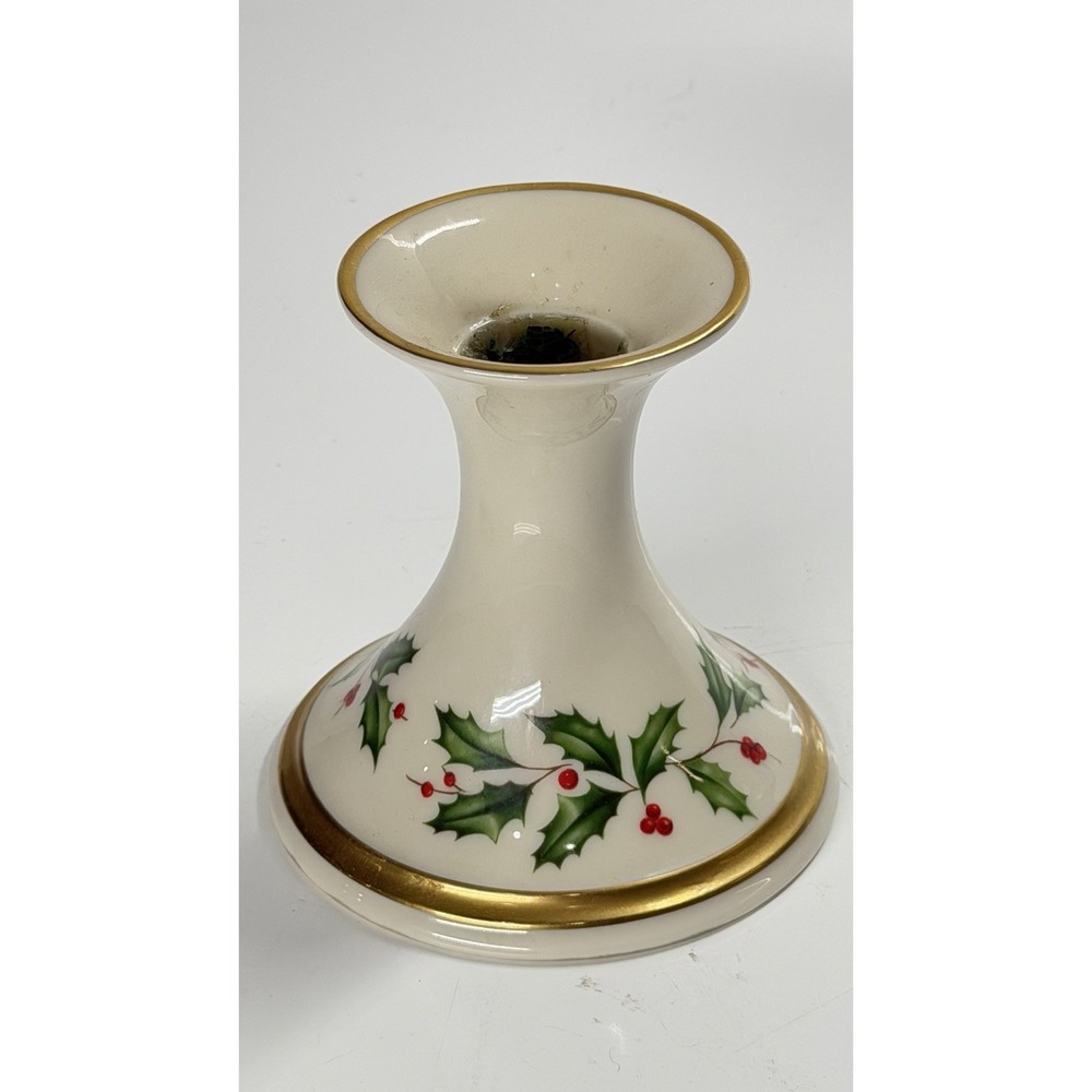 Lenox Holiday Taper Candle Holder Ivory Porcelain Holly Berries Gold Trim USA